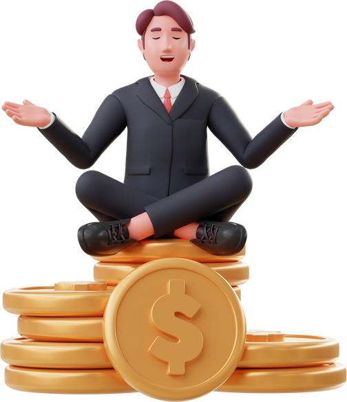 Man Seat on Money Stack and Achieve Financial Freedom 3D Illustration